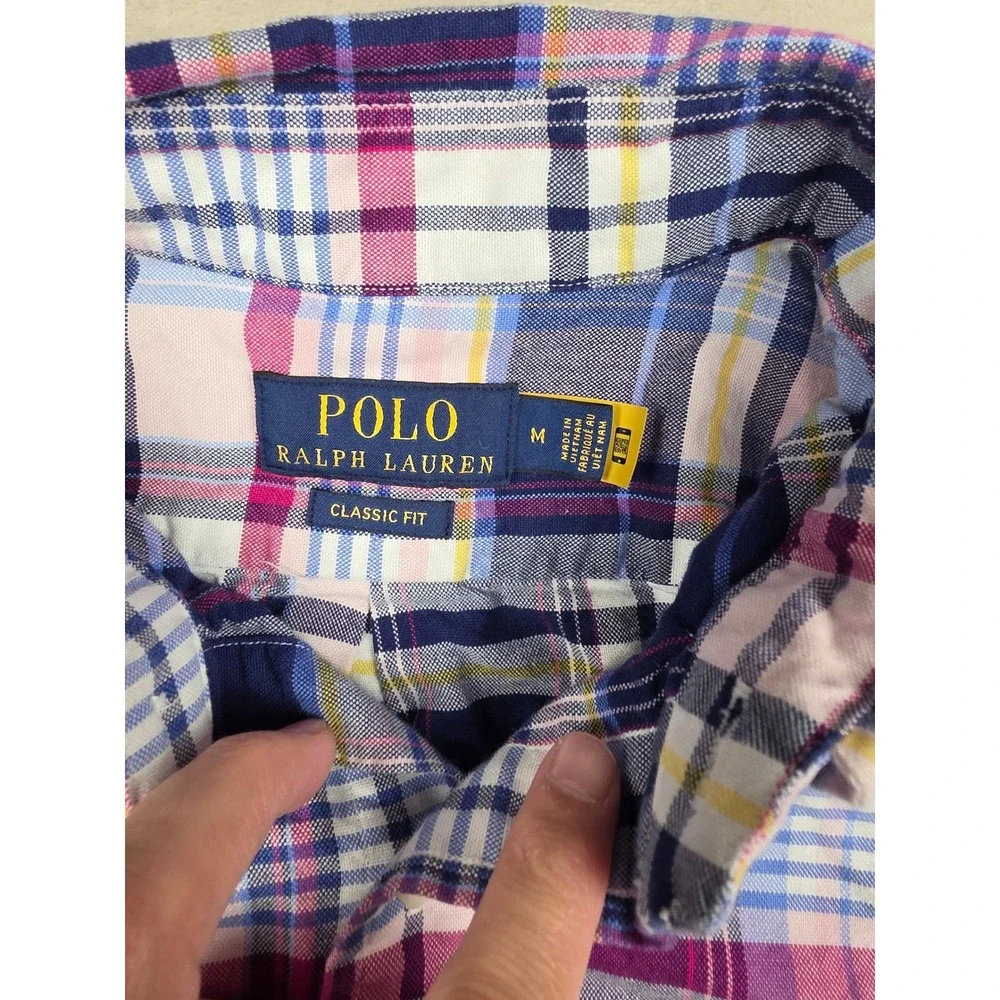 Polo Ralph Lauren Button Down Shirt Mens M Fit S Pink Blue Plaid Classic Fit